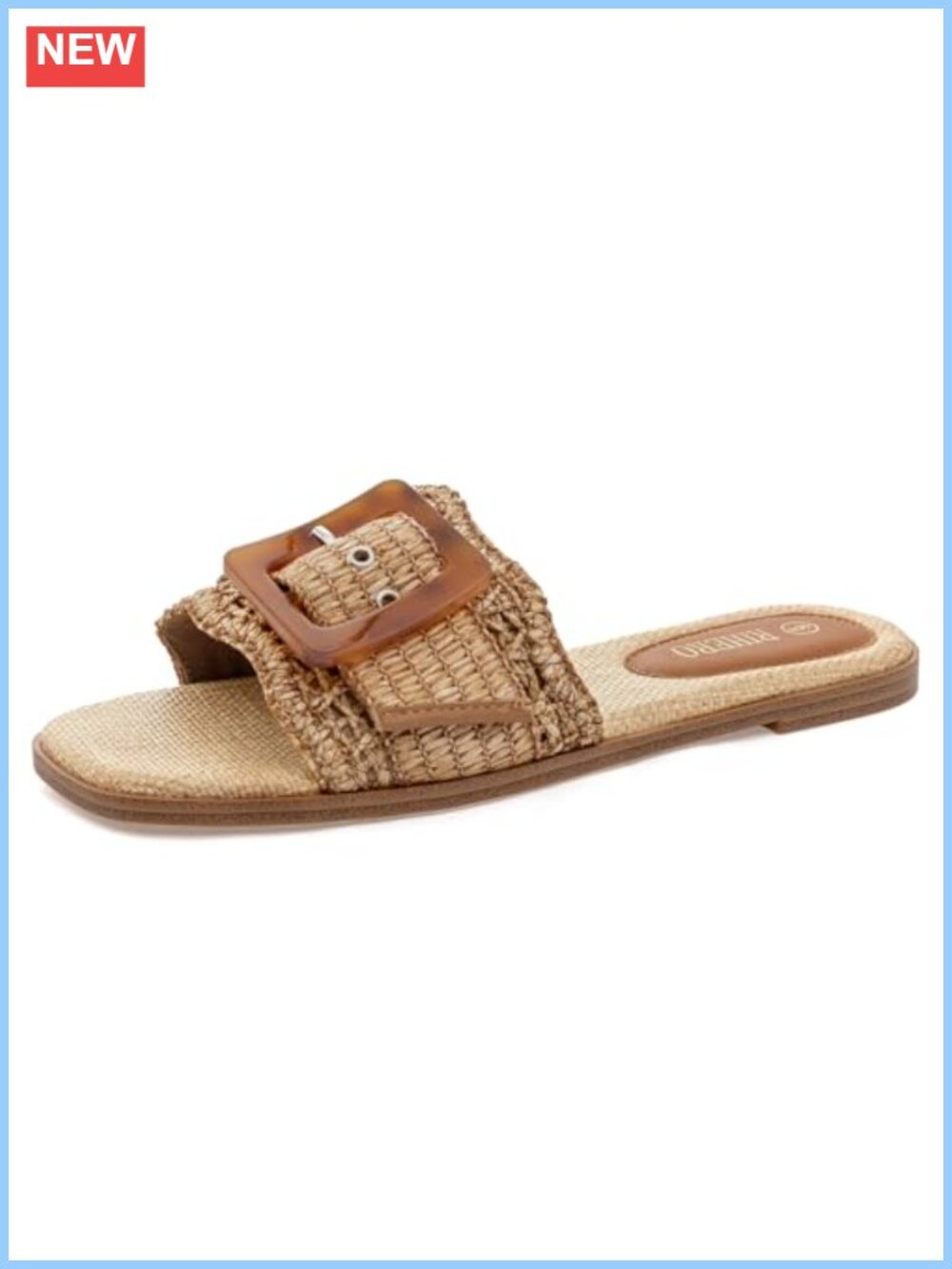 Rihero Raffia Flat Sandals Square Toe Buckle Summer Beach Slides